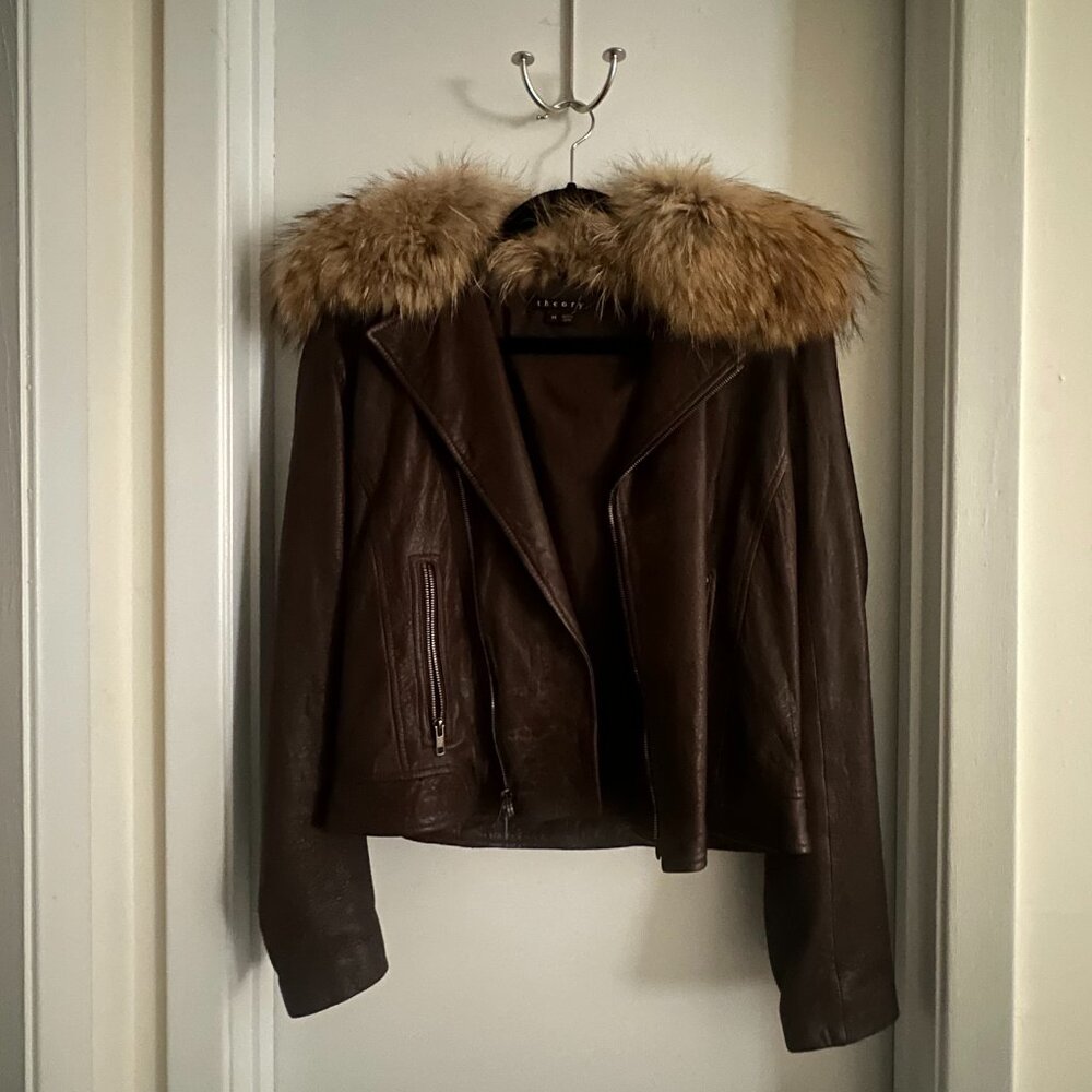 Theory Brown Leather Jacket with Removable Fur Collar